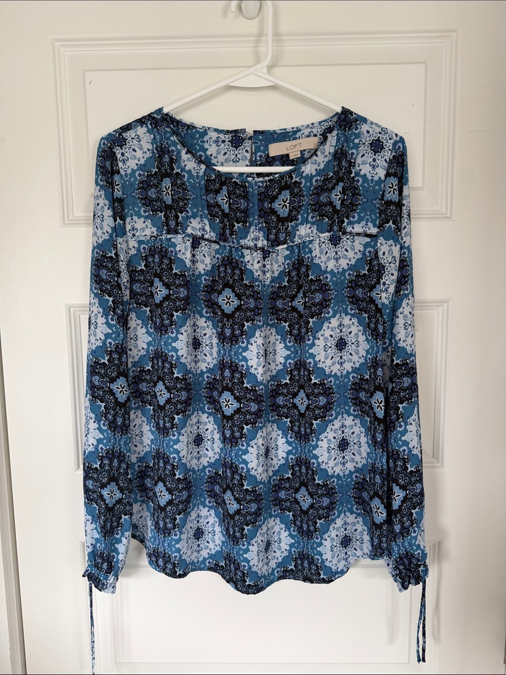 LOFT Blue and Navy Medallion Print Long-Sleeve Blouse